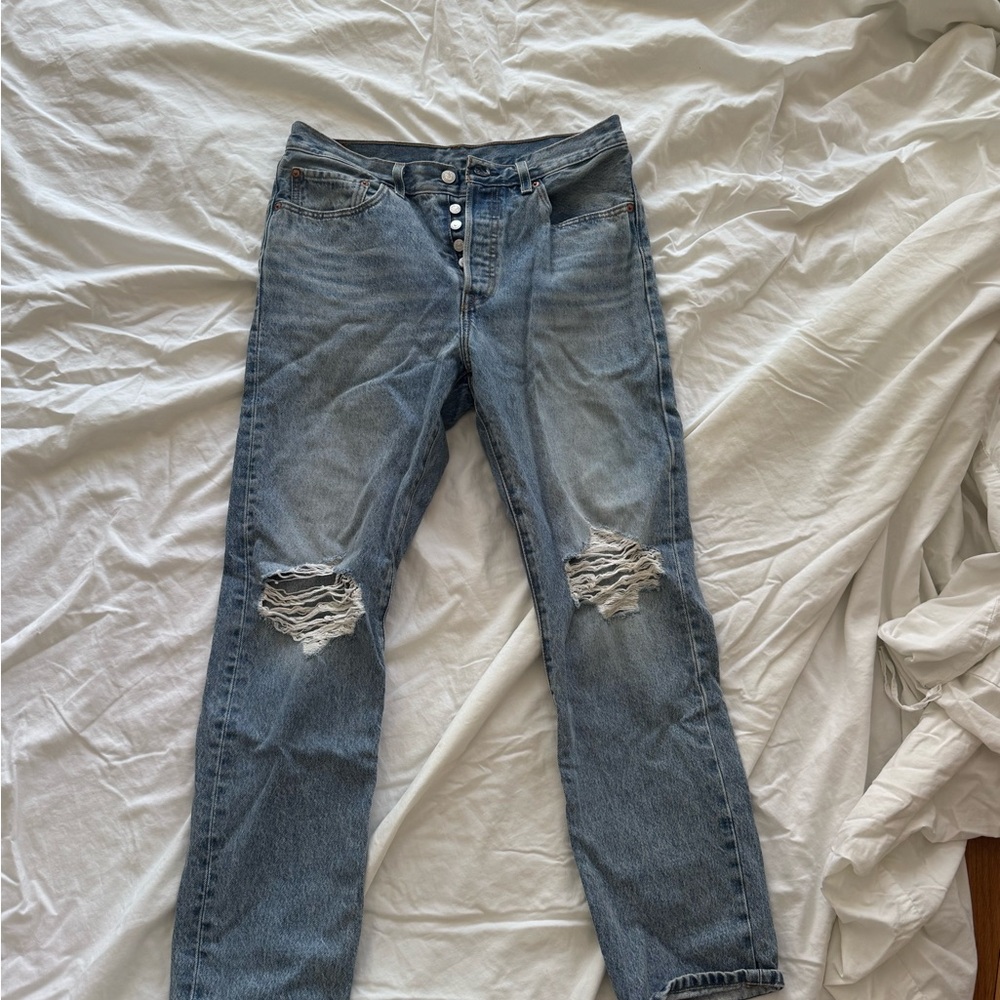 Levi's Distressed Straight Leg Jeans in Light Blue